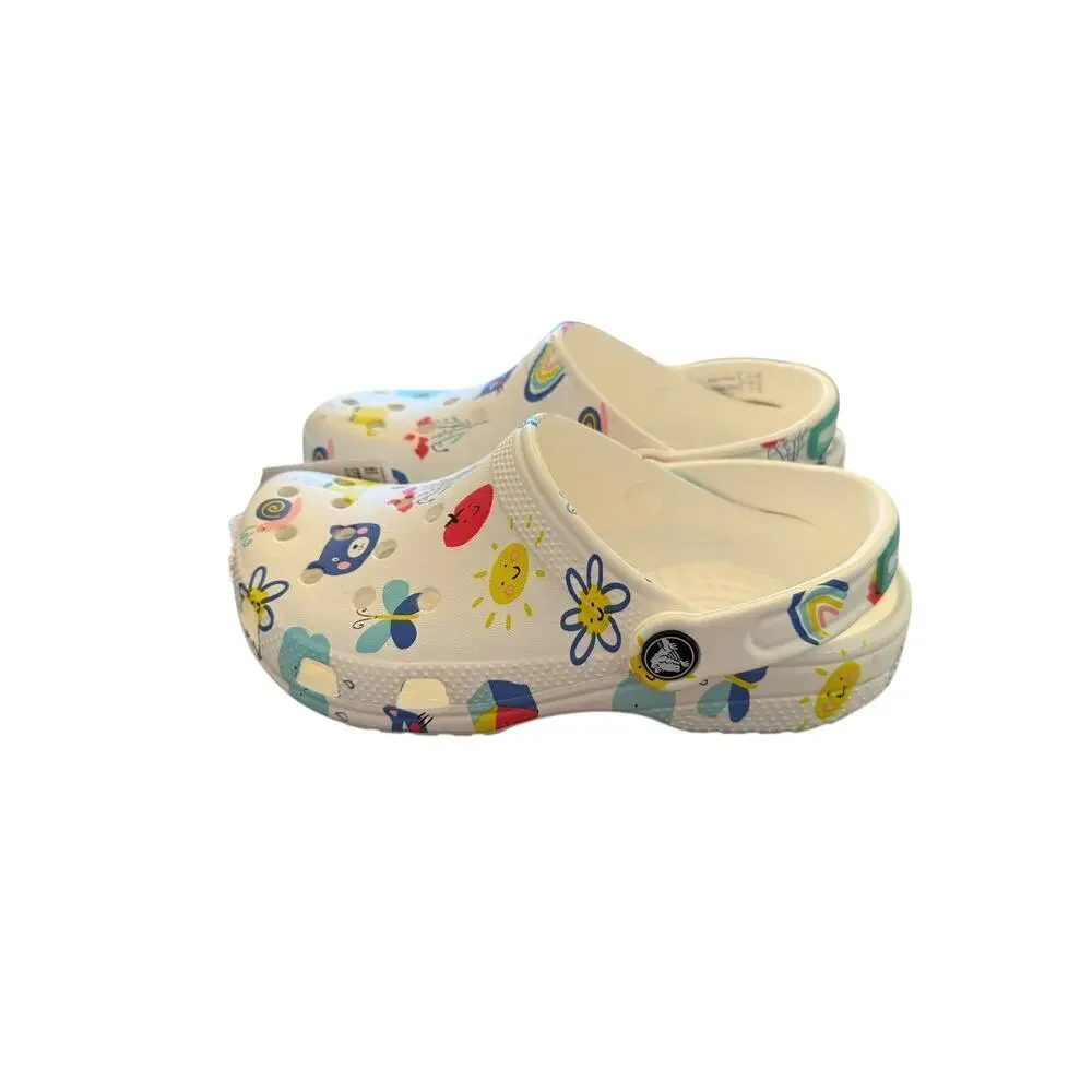 Crocs ﻿Kid's Junior White Multi Classic Doodle Print Clog Shoes Size 3